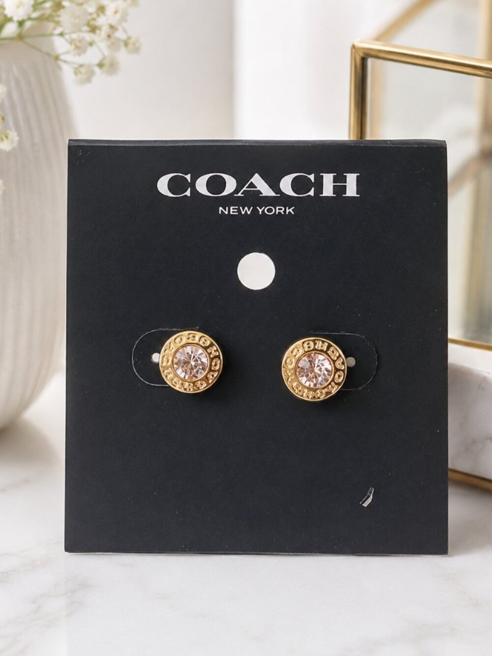 Coach Gold-Tone Crystal Logo Round Stud Earrings NWT